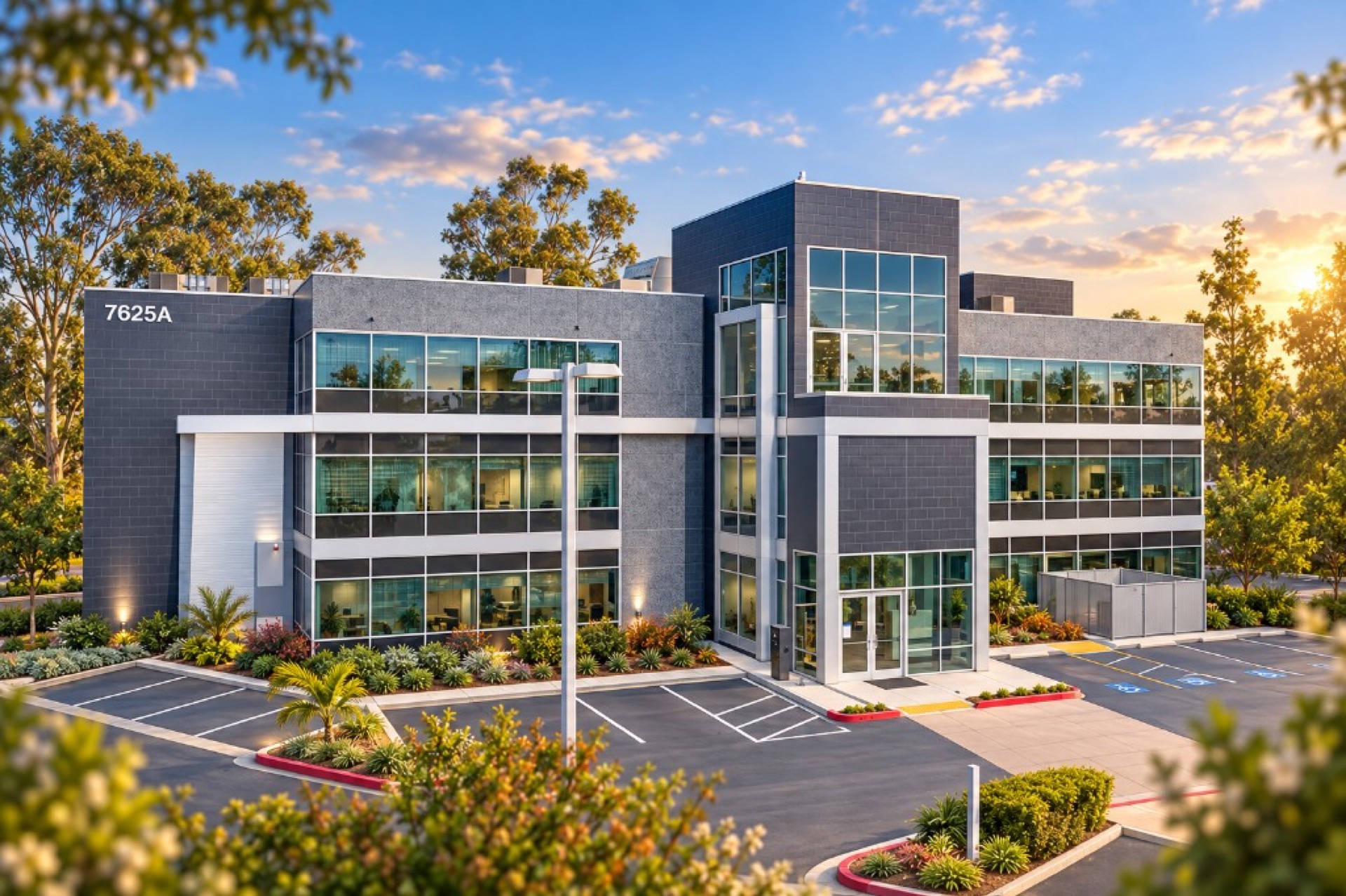 Exterior of 7625A Mesa College Drive professional center at golden hour