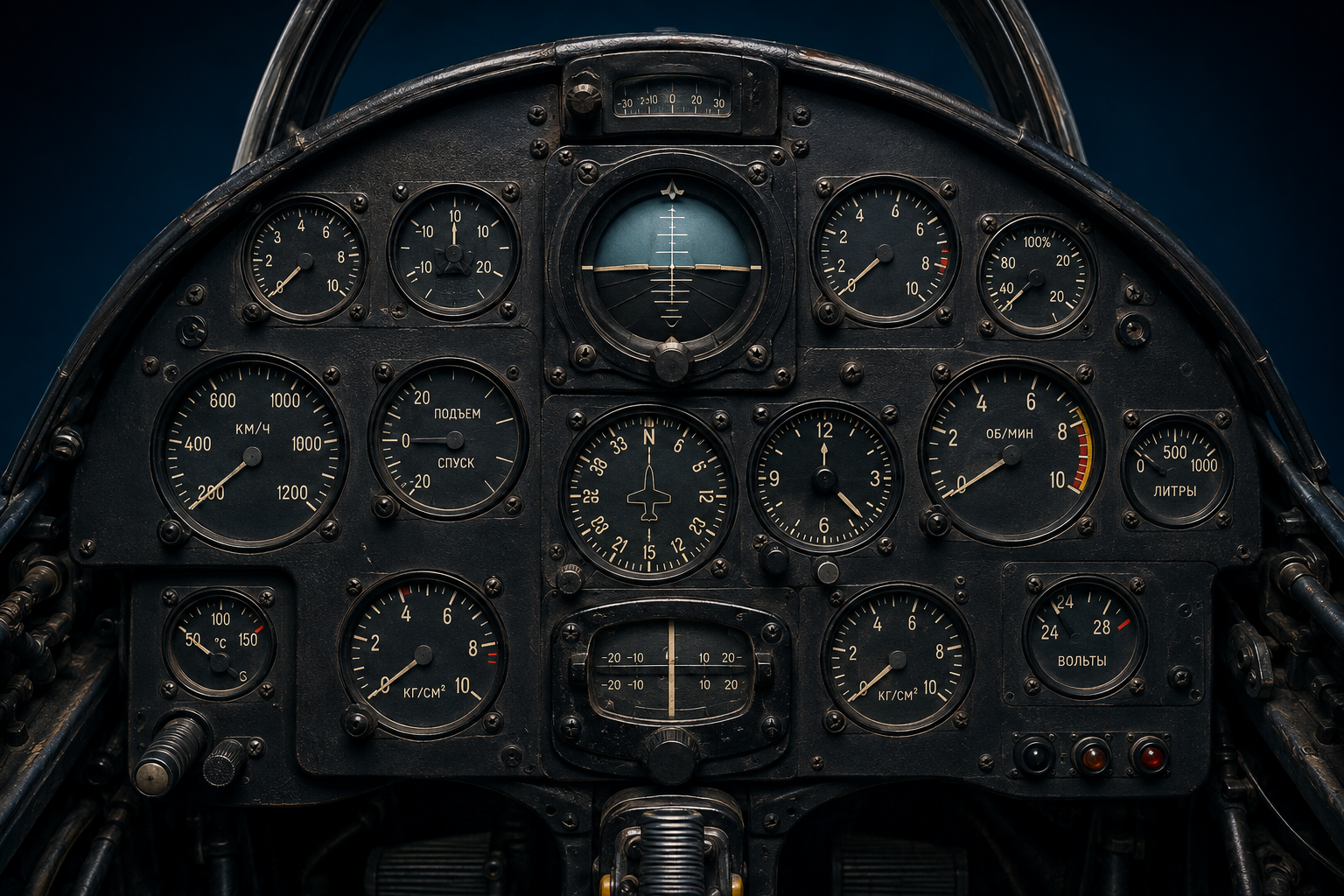 MiG-17 cockpit instrument panel displaying attitude indicator, turn-and-slip indicator, and flight telemetry gauges