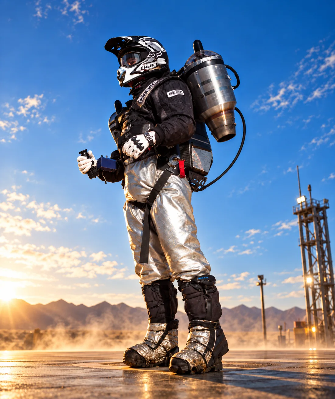 A rocket belt pilot in a reflective flight suit, the thruster mounted on their back, standing on a desert pad at sunrise